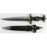 German M33 SS Dagger with scabbard and vertical leather hanger. Blade maker marked '121/34 SS RZM'.