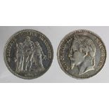 France (2) silver 5 Francs: Napoleon III 1869BB VF, and 3rd Republic 1875A nEF