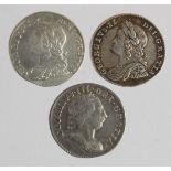 Maundy Threepences (3): 1732 with stop over head, GVF, 1746/3 cleaned and plugged GF, and 1762 VF