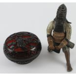 Japanese EDO era metal hinged limb samurai figure and Cloisonne dish.