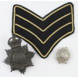 Edwardian London Rifle Brigade other ranks shako badge, WW1 cap badge and dress chevron.