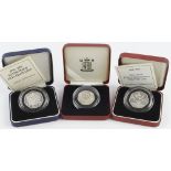 GB Royal Mint cased silver proof 50p's (3): 1992-93 EU Presidency, 1994 D-Day, and 1998 NHS (missing