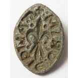 Artefact: Medieval seal matrix of Alice Grim, fleur de lis centre, 22x31mm, with loop on reverse.