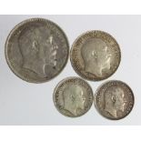 India (4) Edward VII silver: Rupee 1906(c) VF, Half Rupee 1906(c) GVF, Quarter Rupees: 1904 VF,