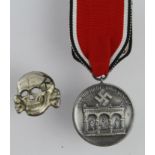 German NSDAP Blood Order 1923, stamped '800' and '677'. Skull badge maker marked 'RZM M1/17'. (2)