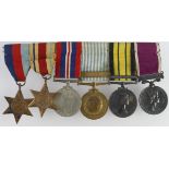 Group mounted as worn - 1939-45 Star, Africa Star, War Medal, UN Korea Medal, QE2 Africa General