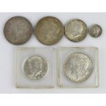 USA (6) silver 3x Morgan Dollars, 2x Kennedy Halves, and a Mercury Dime; 1885-1964, EF-UNC