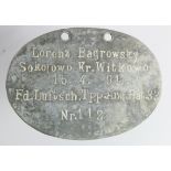 WW1 Imperial German Dog Tag for a soldier who served in the Field Aviation Search Light Troop.