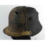WW1 German M16 Stahlhelm found on the Somme. With post war memorial painting.