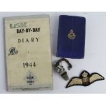 RAF WW2 original set of pilots wings with RAF AM air crew survival whistle with 1944 diary and bible