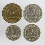 Spitsbergen / Svalbard (4) token coins 1993 issued by Trust Arktikugol in Russian denominations: 10,