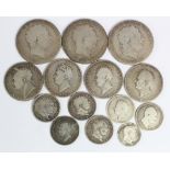 GB Silver (14) George III to William IV assortment, Crowns to Sixpence, mixed grade.