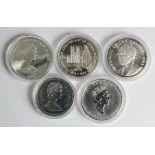 British Commonwealth (5) silver proof and BU Crowns and Dollars, in capsules.