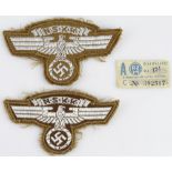 German 3rd Reich N.S.K.K. bullion sleeve badge - both with original RZM labels, one loose. (2)