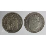 France (2) silver 5 Francs: Louis Philippe 1842A, F/GF, and 2nd Republic 1848A, VF