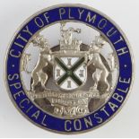 Police, WW2 silver plated City of Plymouth Special Constable badge, crescent lapel fitting,