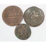 Russia (3) copper coins 1767-1798, Fair-GF