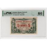 Belgium 5 Francs dated 30th December 1919, serial 1326.H.138 (TBB B535c, Pick75b) in PMG holder