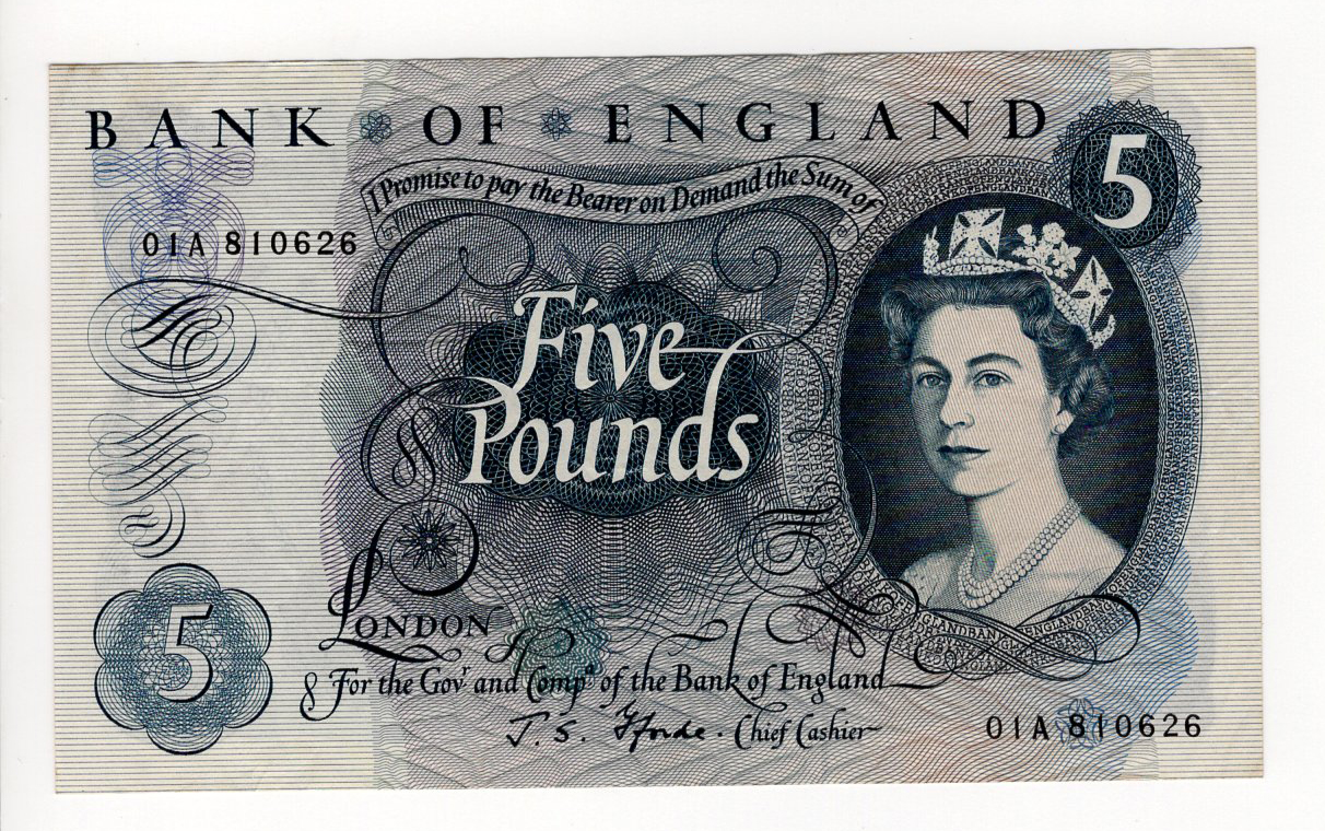Fforde 5 Pounds (B314) issued 1967, rare FIRST RUN '01A' prefix, serial 01A 810626 (B314,
