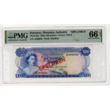 Bahamas 100 Dollars SPECIMEN note dated 1968, serial A000000, diagonal red 'SPECIMEN' overprint on
