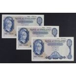 O'Brien 5 Pounds (B277) issued 1957 (3), Lion & Key, all FIRST SERIES, serial A55 325465, A68 190324