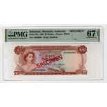 Bahamas 50 Dollars SPECIMEN note dated 1968, serial A000000, diagonal red 'SPECIMEN' overprint on