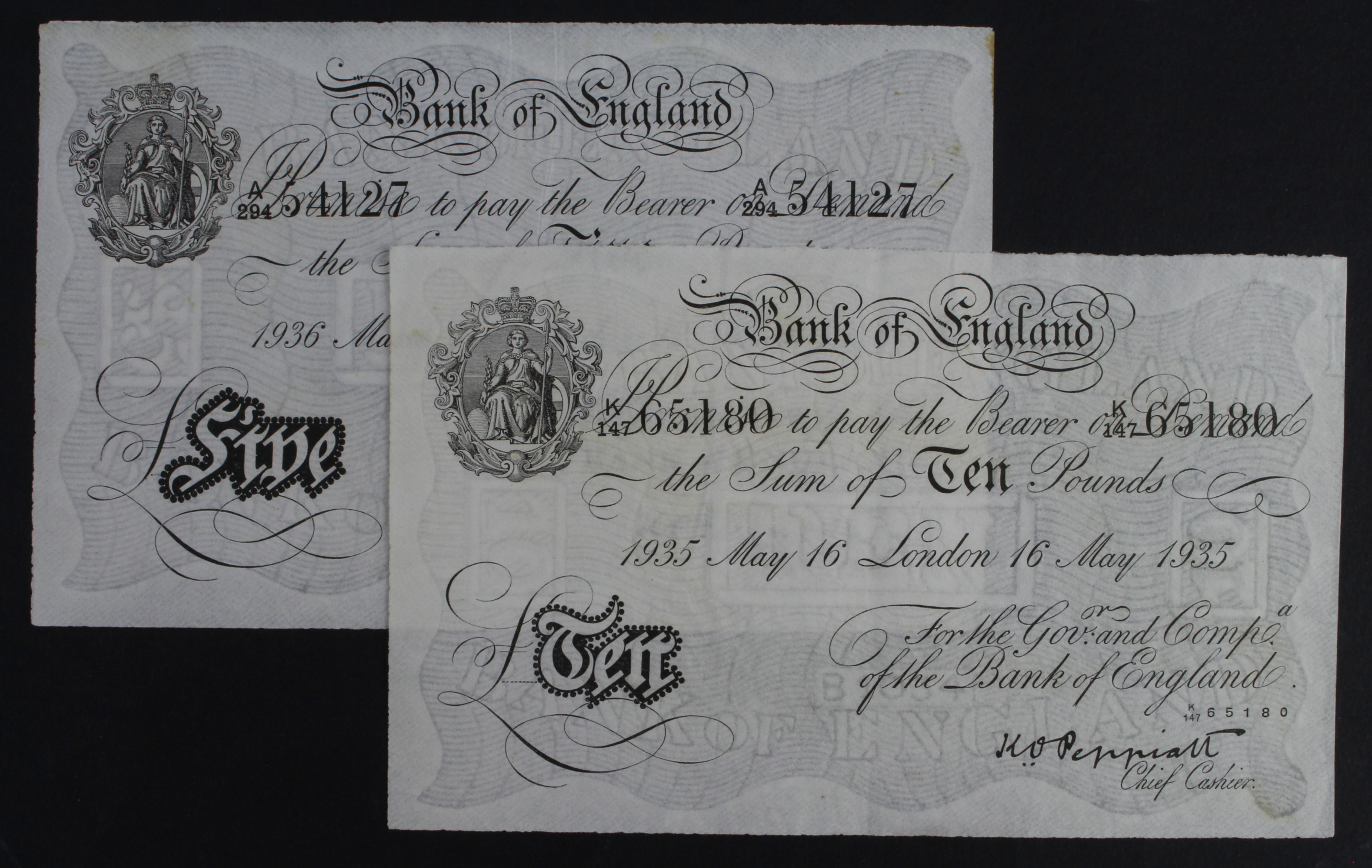 Peppiatt BERNHARD notes (2), 10 Pounds dated 16th May 1935 serial K/147 65180, VF+, 5 Pounds dated