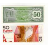 Aruba (2), 50 Florin dated 1986 serial no. 0604654650 (TBB B104, Pick4), 50 Florin dated 1993 serial
