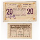 Austria (2), a rare pair of local issue notes, 20 Heller and 2 Heller issued 1914 - 1920, local