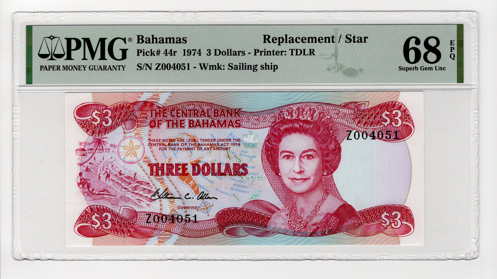 Bahamas 3 Dollars dated 1974, signed William C. Allen, REPLACEMENT note serial Z004051 (TBB