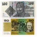 Australia (2), 100 Dollars serial ZFE 279336 and 50 Dollars serial WAH 496258 signed Fraser &