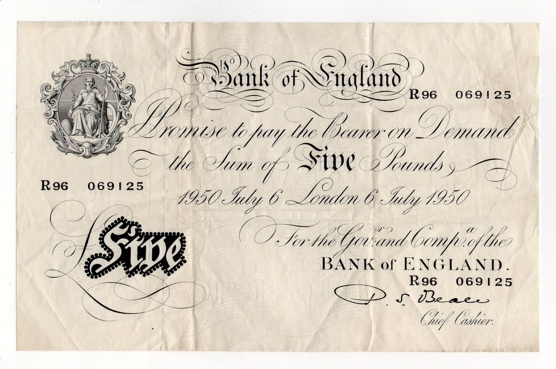 Beale 5 Pounds (B270) dated 6th July 1950, serial R96 069125 (B270, Pick344) about VF