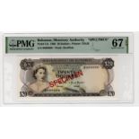 Bahamas 20 Dollars SPECIMEN note dated 1968, serial A000000, diagonal red 'SPECIMEN' overprint on