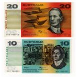 Australia (2), 20 Dollars and 10 Dollars issued 1990 & 1989 signed Fraser & Higgins, serial RCP