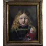 Victorian oil on canvas, depicting a young girl with blond hair and blues eyes, holding a doll,