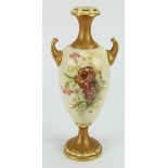 Royal Worcester twin handled vase (no. 2049), hand painted floral decoration, makers marks to