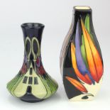 Moocroft. Two small Moorcroft vases, including 'Hamlet' pattern, makers marks to base of each,