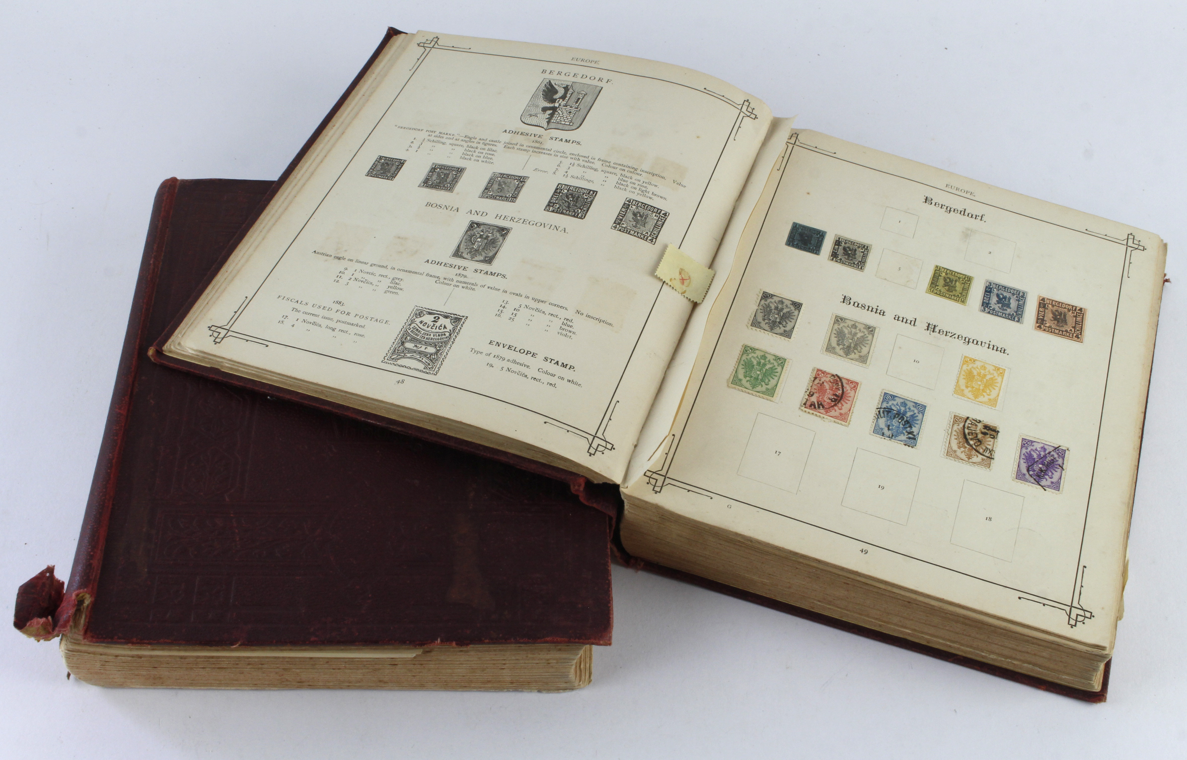 Imperial Postage Stamp Albums Vol 1 and 2, early versions printed 1881 and 1883. Printed albums with