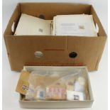 Banana box with stamps on/off paper, on leaves & stocksheets. Ex estate lot. Lots to sort (Buyer