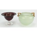 Patrick Stern. Two signed art glass bowls. The red/brown dish with abstract pattern and clear