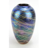Peter Layton, (B.1937) Iridescent blue studio glass vase, signed to bottom edge and dated 1987.