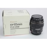 Canon EF f/1.8 85mm lens, contained in original box