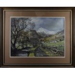 D John Sweetingham. Watercolour and mixed media titled, 'West Morland, Great Langdale'. Signed and