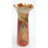 Layne Rowe. Tall studio glass vase with broad asymmetric gold rim, blue over pink marbled design,