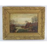 Oil on canvas, depicting a cottage & river landscape, circa late 19th Century, unsigned, contained