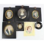 Portrait Miniatures. A group of six framed portrait miniatures, comprising three ladies, two