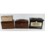 Boxes. A group of four various boxes & tea caddys, to include one with carved bone decoration,