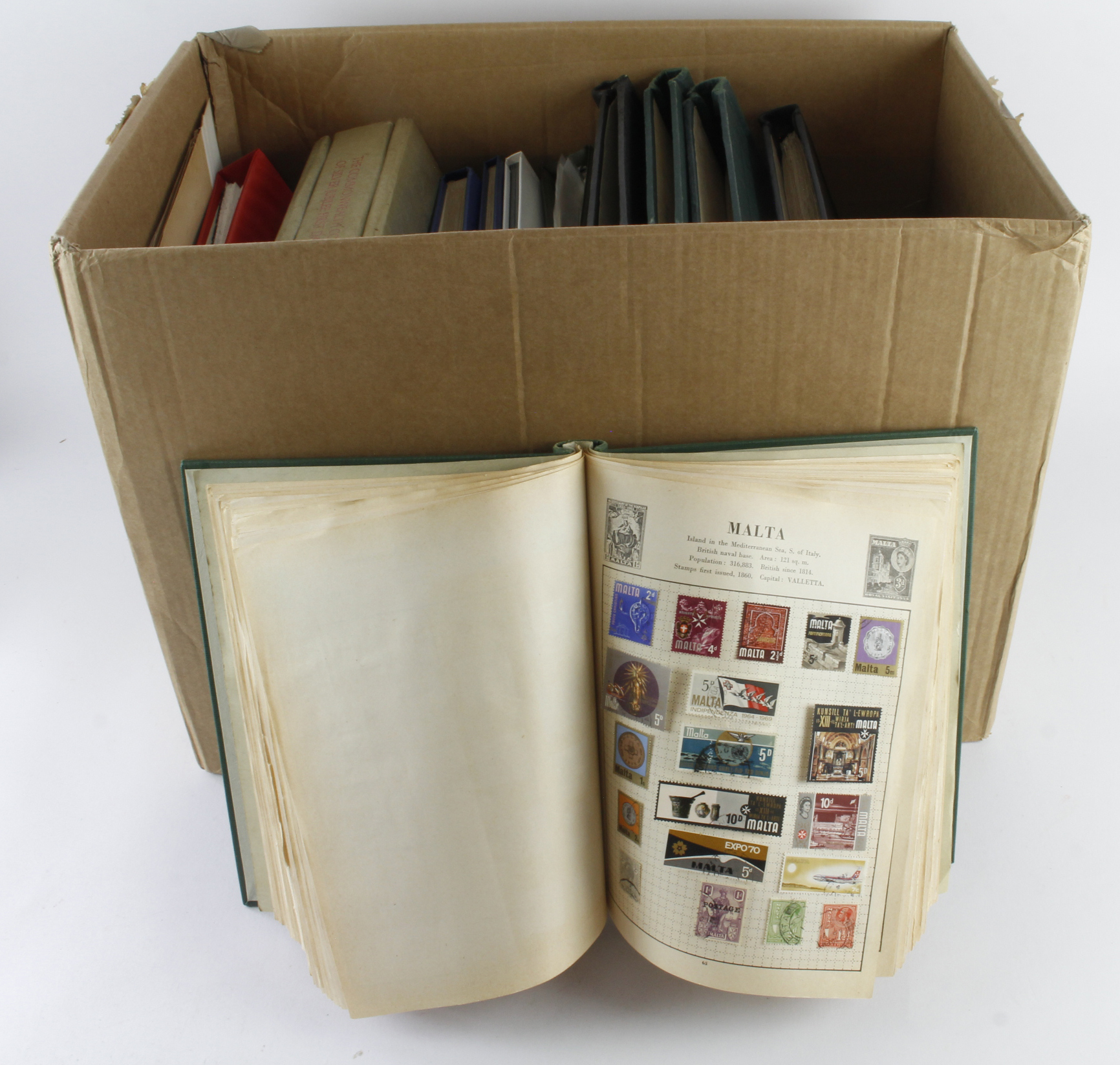 British Commonwealth range in large heavy box. Many albums / stockbooks, plus loose stamps. Four