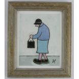 Joan Gillchrest (1918-2008). Oil on board, titled to reverse 'I Must Hurry', depicting an old lady