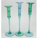 Trio of green/blue contemporary art glass candlesticks, the bases indistinctly signed and dated